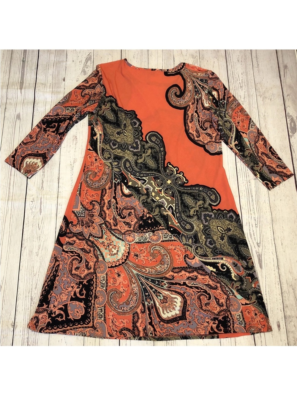 TIANA B. Shift Dress Orange Paisley Stretch Long Sleeve